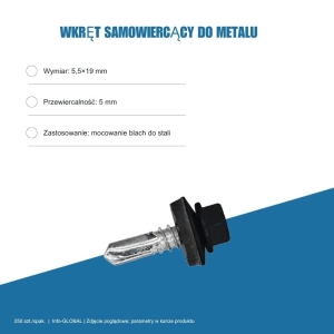 Wkręt samowiercący do metalu 5,5x19 mm, przewiercalność 5 mm, EPDM, 250 szt. – kolor do wyboru
